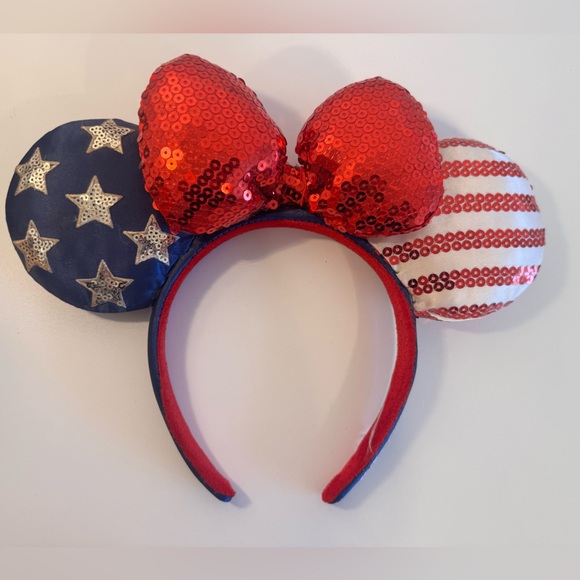disneyland Accessories - Patriotic 4th of July Red Sequin Disneyland Minnie Mouse Ears Headband- OS